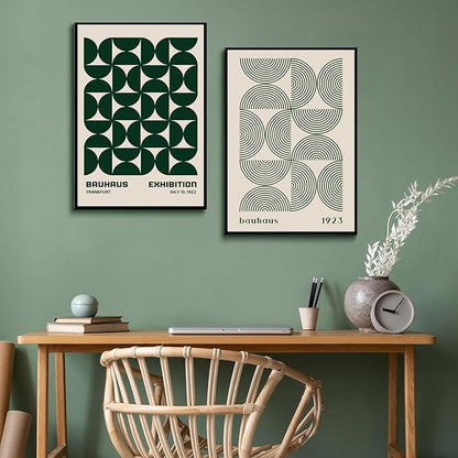 2Pcs Bauhaus Mid Century Modern Wall Art Retro Exhibition Posters Prints Green Boho Geometric Abstract Minimalist Wall Decor Pictures for Bedroom iving Room Dining Room UNFRAMED (Green, 12x16in)