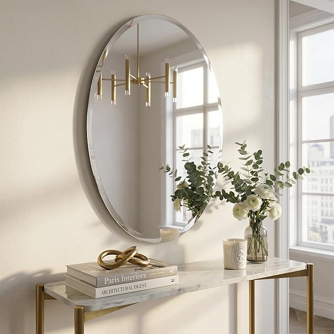 24x36 Inch Oval Frameless Bathroom Mirror with Solid Backing, Large Beveled Vanity Wall Mirror for Over Sink, Modern Mirror for Double Vanity, Entryway
