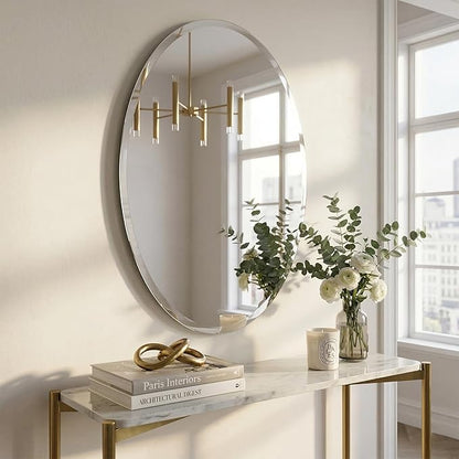 24x36 Inch Oval Frameless Bathroom Mirror with Solid Backing, Large Beveled Vanity Wall Mirror for Over Sink, Modern Mirror for Double Vanity, Entryway