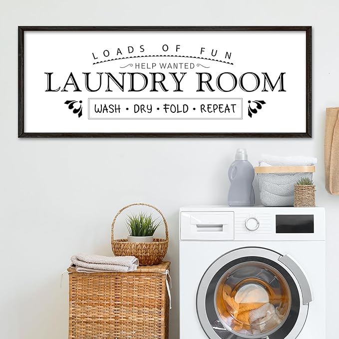 Wash Dry Fold Repeat Wall Decor Art 32"X12" Laundry Room Sign Bathroom Laundry Rules Large Wood Framed Wall Hanging (Black)