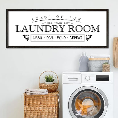 Wash Dry Fold Repeat Wall Decor Art 32"X12" Laundry Room Sign Bathroom Laundry Rules Large Wood Framed Wall Hanging (Black)