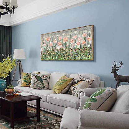 Large Framed Country Living Room Wall Art, Modern Pink And Green Wildflower Canvas Artwork, Natural And Idyllic Landscape Print Picture For Bedrooms, Dining Rooms, Offices, And Studies. 48X24 Inches.