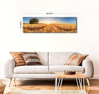 Sunset Forest Wall Art Nature Wheat Field Landscape Pictures Wall Decor for Living Room Kitchen Sunrise Country Meadow Scenic Painting Farmhouse Poster Panoramic Artwork Home Bedroom Decoration 14x48”