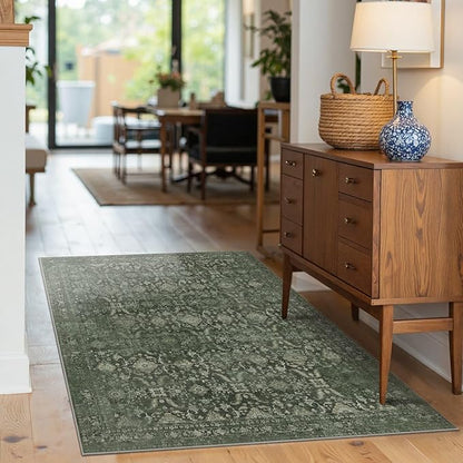 Rugxara 3x5 Rug for Entryway Bedroom, Green 3x5 Washable Area Rug, Vintage Retro Boho Throw Rug, Non Slip & Low Pile Small Carpet for Indoor Entry, Kitchen, Bedside, Living Room, Bathroom and Dining