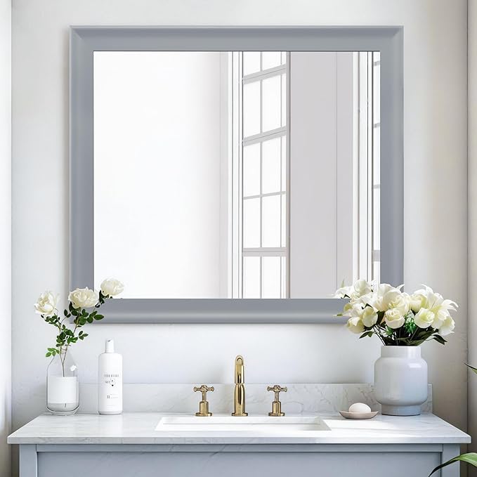 Bathroom Mirror 30x36 Inch, Grey Framed Rectangle Mirrors with Tempered Glass for Bathroom,Living Room or Entryway