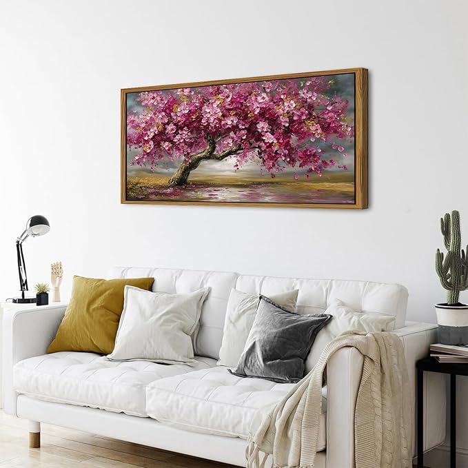 Framed Red Pink Tree Wall Art Tree of Life Picture for Living Room Colorful Flower Wall Decor Abstract Nature Scenery Texture Prints Canvas Painting Watercolor Artwork Bedroom Kitchen Decoration 24x48