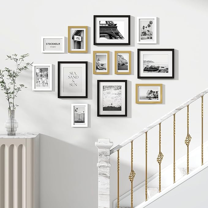 Venusmiles 12 Pack Picture Frames Collage Wall Decor, Gallery Frame Set for Wall Mounting or Tabletop Display, Multi Sizes Including 4pcs 8x10, 4pcs 5x7, 4pcs 4x6, Black+White+Gold