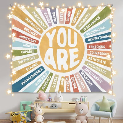 You Are Strong Wall Tapestry, Positive Affirmations Wall Hanging Decor, Self affirmation Poster Banner for Classroom, Counseling Office, Therapy Room, Teen Bedroom and Calm Down Corner(Colorful-You are)