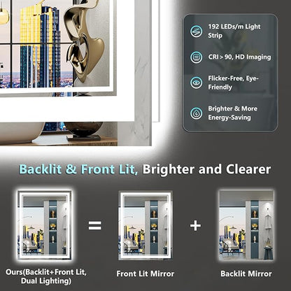 28x36 LED Bathroom Mirror with Lights, Backlit and Front Lit Anti-Fog Lighted Vanity Mirrors for Bathroom Wall, Dimmable, 3-Color Light, Memory, Shatter-Proof, HD Tempered Glass, CRI＞90