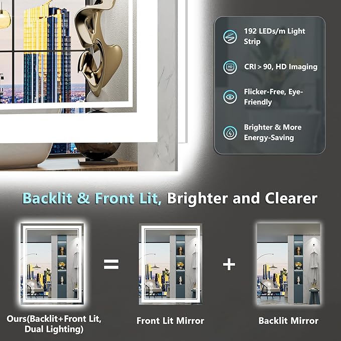 24x30 LED Bathroom Mirror with Lights, Backlit and Front Lit Anti-Fog Lighted Vanity Mirrors for Bathroom Wall, Dimmable, 3-Color Light, Memory, Shatter-Proof, HD Tempered Glass, CRI＞90