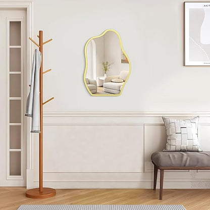 Asymmetrical Wooden Framed Wall Mirror Irregular Mirror for Wall Decor Modern Unique Shape Vanity Artistic Cloud Mirrors Decorative for Living Room Bedroom Bathroom Entryway Yellow