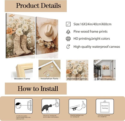 Floral Cowgirl Boots Canvas Wall Art Set of 2, Cowboy Hat with Flower Wall Decor Paintings, Trendy Preppy Western Aesthetic Prints Pictures, for Girls Bedroom Living Room Dorm 16x24 inch Framed