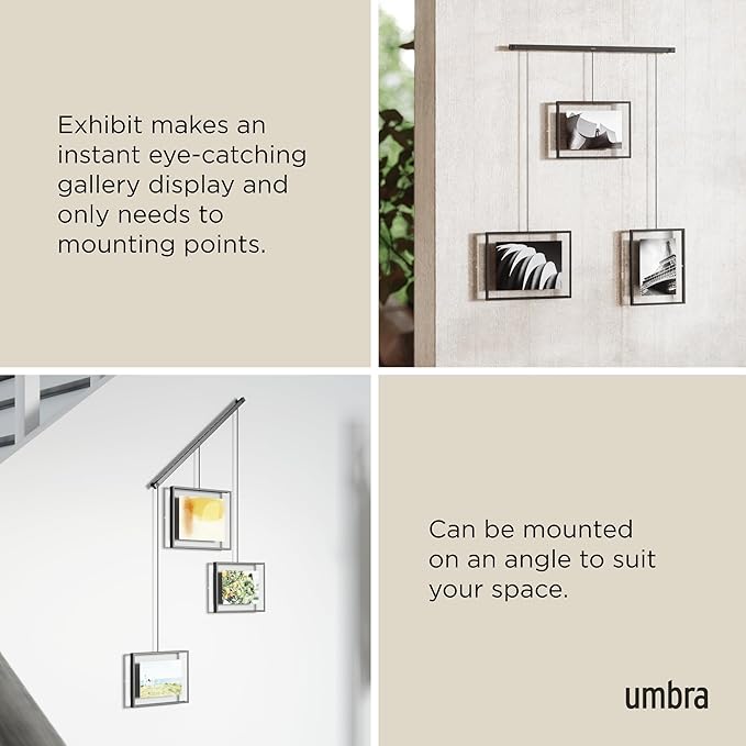 Umbra Exhibit Picture Frame Gallery Set, Adjustable Collage Display for 3 Photos, Prints, Artwork and More, Holds two 4x6" and one 5x7" Photos, Black