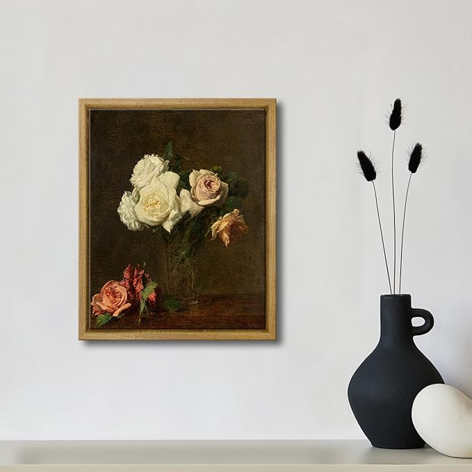 Pyradecor Vintage Retro Framed Wall Art Bathroom Decor Wall Art Roses Paintings Pictures Canvas Prints Mid Century Wall Decor for Living Room Kitchen Decorations