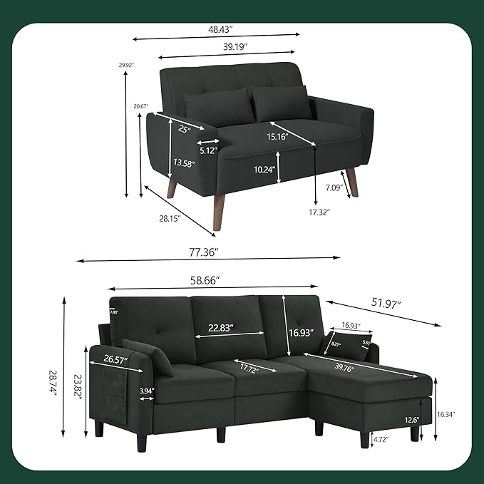 Convertible Sectional Couch Set, 77" L Shaped Sofa with Ottoman and 48" Loveseat, Modern Couches for Living Room, Apartment and Office, Black