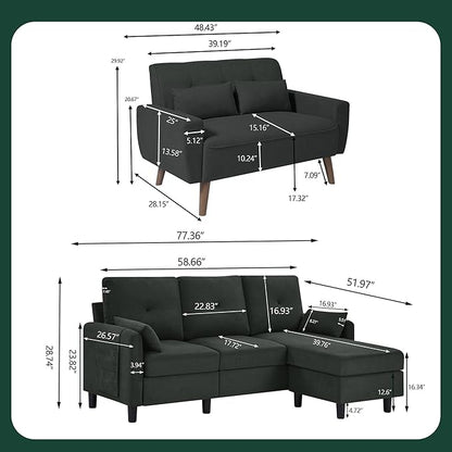 Convertible Sectional Couch Set, 77" L Shaped Sofa with Ottoman and 48" Loveseat, Modern Couches for Living Room, Apartment and Office, Black