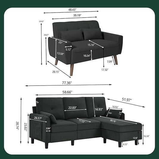 Convertible Sectional Couch Set, 77" L Shaped Sofa with Ottoman and 48" Loveseat, Modern Couches for Living Room, Apartment and Office, Black