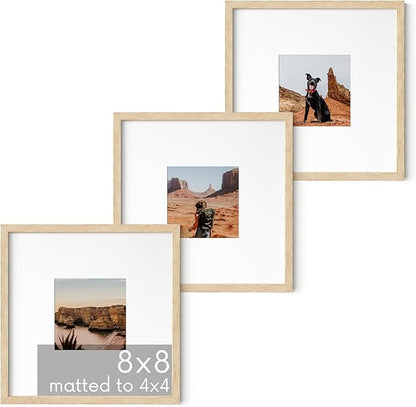HAUS AND HUES Beige Oak Wood 8x8 Picture Frames - Set of 3, Square Frames with Mat, Natural Frames for Photos (8x8 in, Beige, Set of 3)