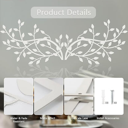 Meltset Metal Tree Leaf Wall Decor, Vine Olive Leaf Branch Wall Art,Wrought Iron Artwork, Decorative Wall Sculptures Above The Bed, Living Room, Indoor and Outdoor (2 Pcs/White)