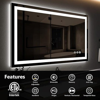 ROOMTEC 36 x 30 Inches LED Bathroom Mirror with Lights, Vanity Mirror with Front and Backlight, Smart Dimmable Anti-Fog LED Mirror for Bathroom, Memory Function, Tempered Glass (Horizontal/Vertical)