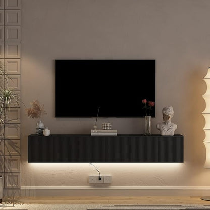 KEIKI 11.8" H x 68.8" L Floating TV Stand Wall Mounted with 16 Color LEDs & Power Outlets for TVs Up to 70 Inch, Wooden Media Console Entertainment Center Television Table Cabinet for Living Room