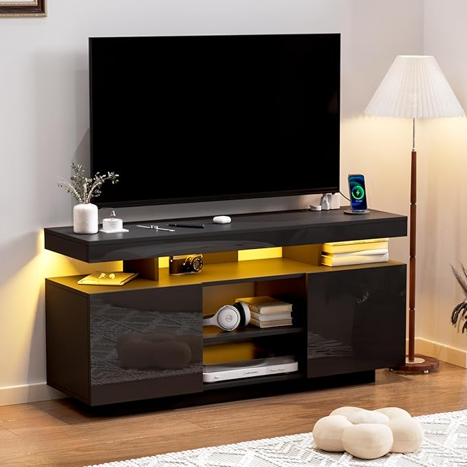 HOMMPA Modern LED TV Stand for 55/50/43/40/32 inch TV with Power Outlets, Gaming TV Consoles with Storage Entertainment Center with LED Lights Game Cabinet for Living Room Black