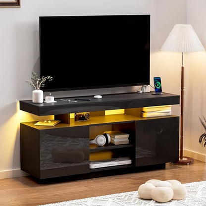 HOMMPA Modern LED TV Stand for 55/50/43/40/32 inch TV with Power Outlets, Gaming TV Consoles with Storage Entertainment Center with LED Lights Game Cabinet for Living Room Black