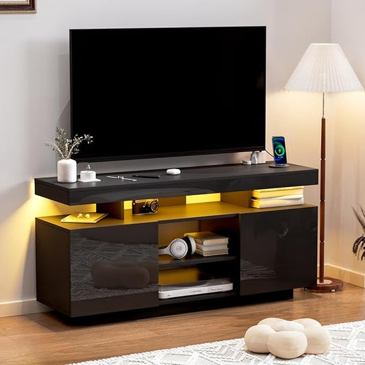 HOMMPA Modern LED TV Stand for 55/50/43/40/32 inch TV with Power Outlets, Gaming TV Consoles with Storage Entertainment Center with LED Lights Game Cabinet for Living Room Black
