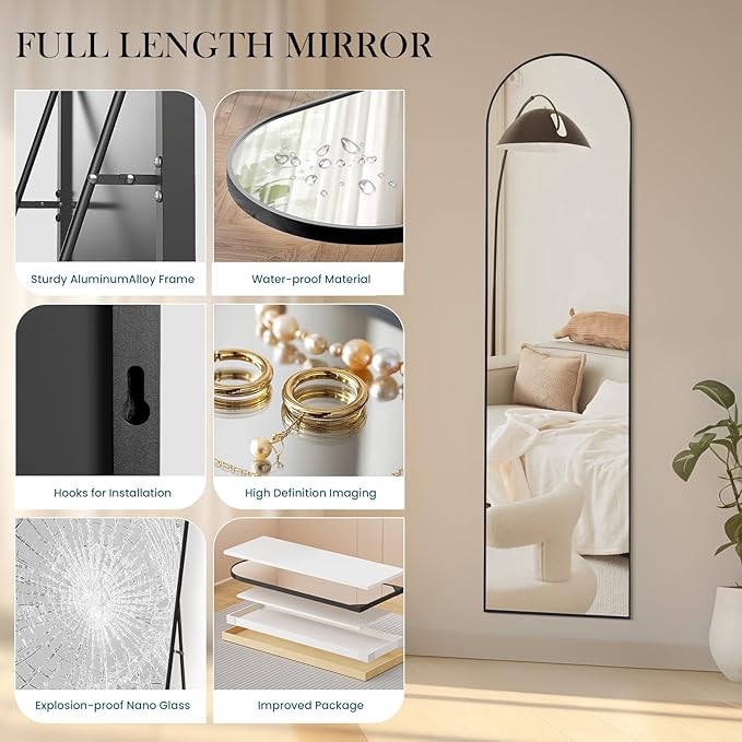 Sweetcrispy 59"x16" Arched Full Length Mirror, Full Body Mirror with Aluminum Alloy Thin Frame, Leaning or Standing, Suitable for Bedroom, Livingroom, Cloakroom, Black