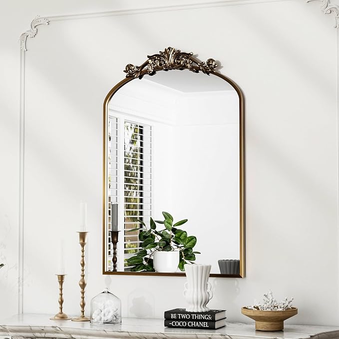Traditional Vintage Gold Mirror, Antique Arched Mirror, Bronze Decor Wall Mirrors, Large Baroque Mirror with Aluminum Frame, Ornate Mirrors for Bathroom, Living Room, Fireplace (36"x24")