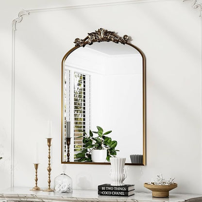 Traditional Vintage Gold Mirror, Antique Arched Mirror, Bronze Decor Wall Mirrors, Large Baroque Mirror with Aluminum Frame, Ornate Mirrors for Bathroom, Living Room, Fireplace (36"x24")