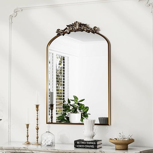 Traditional Vintage Gold Mirror, Antique Arched Mirror, Bronze Decor Wall Mirrors, Large Baroque Mirror with Aluminum Frame, Ornate Mirrors for Bathroom, Living Room, Fireplace (36"x24")