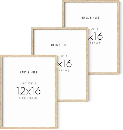 HAUS AND HUES Beige Wood Oak 12x16 Picture Frame, Set of 3 - Modern Wood Wall Art Display - Lightweight 12x16 Frame Set of 3 for Art Prints, Photos, Posters - Ready-to-Hang Vertically & Horizontally
