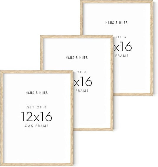 HAUS AND HUES Beige Wood Oak 12x16 Picture Frame, Set of 3 - Modern Wood Wall Art Display - Lightweight 12x16 Frame Set of 3 for Art Prints, Photos, Posters - Ready-to-Hang Vertically & Horizontally