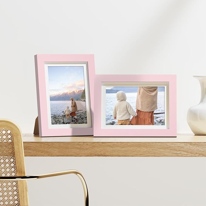 Vittanly 5x7 Picture Frames Set of 9, Display 4x6 Pictures with Mat or 5x7 without Mat, Photo Frames for Wall or Tabletop with Plexiglass, Engineered Wood, Pink