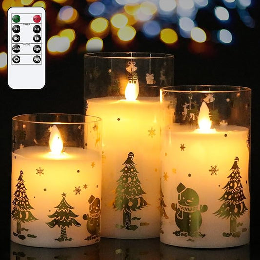 Christmas Battery Operated Flameless Candles Flickering Remote and Timer Glass LED Pillar Candles Moving Wick Real Wax Gold Snowman Christmas Tree Decals Holiday Decor D3 x H4, 5", 6"