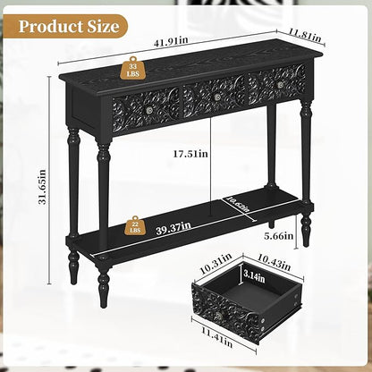 3More Entryway Console Table with 3 Drawers,42" Carved Hallway Table with Open Shelf,Long Sofa Table for Living Room, Hallway, Behind Couch,Black