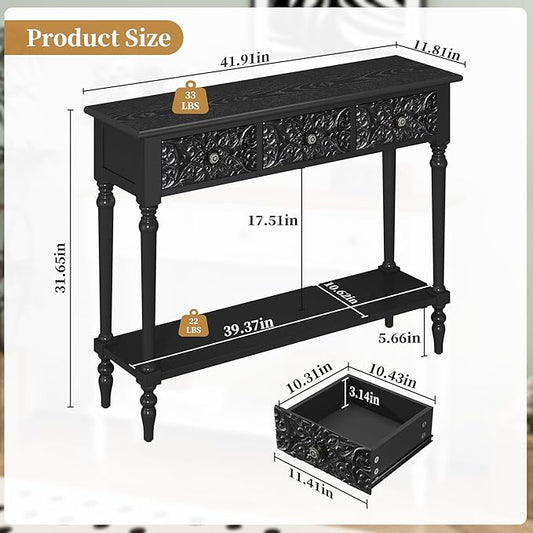 3More Entryway Console Table with 3 Drawers,42" Carved Hallway Table with Open Shelf,Long Sofa Table for Living Room, Hallway, Behind Couch,Black