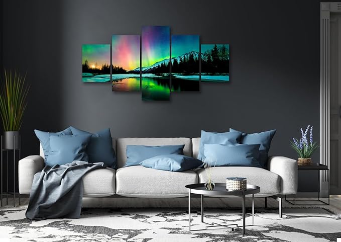 SKASNFAI Northern Lights Wall Art Alaska Posters Canvas Landscape Artworks for Living Room Mountains Picture Office Wall Decor for Bedroom (60Wx32H)