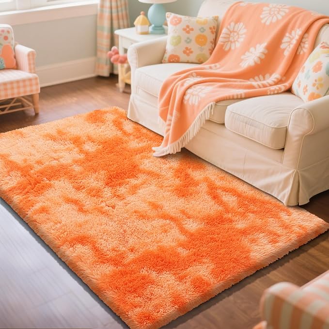 Mottling Orange Fluffy Rug Shag Area Rug, 4x6 Area Rugs for Girls Bedroom, Soft Cute Baby Play Mat, Indoor Floor Carpet for Teen, Nursery, Preppy Dorm, Plush Aesthetic Bedside Rug