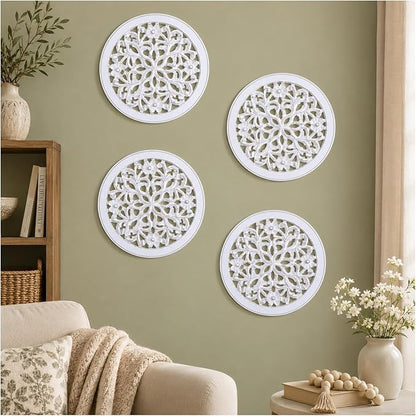 Woodify Hand-Carved Wooden Wall Décor – Set of 4, 12" x 12" Decorative Wood Panels, Floral Design, White Antique Finish, Wall Art for Living Room & Home Décor