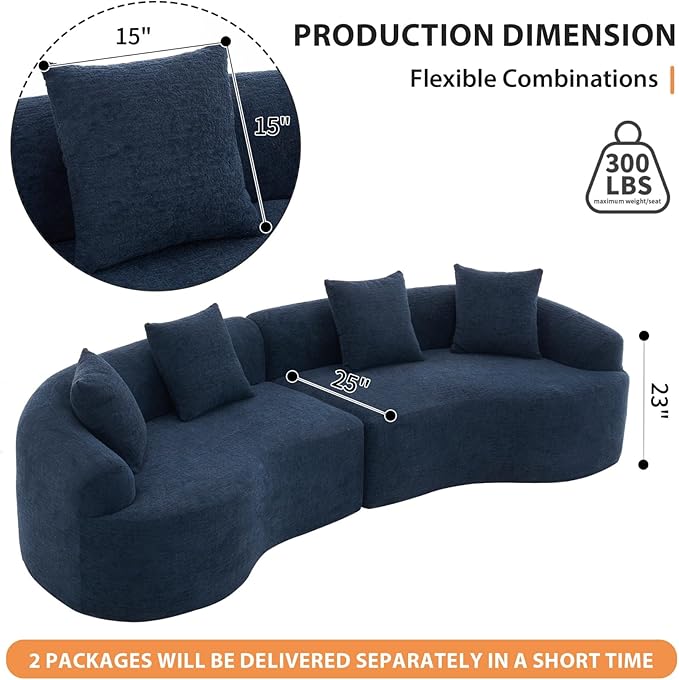 KEIKI Curved Chenille Modular Sectional Couches with Pillows, 4 Seater Oversized Upholstered Luxury Plush Cloud Sofa for Living Room Apartment, Antique Blue
