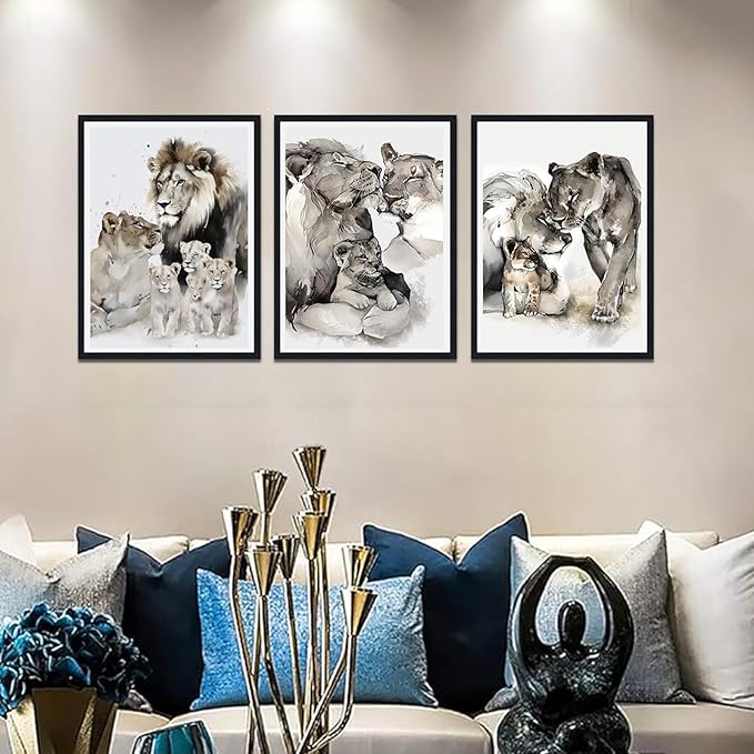 3 Pieces Wildlife Animals Framed Canvas Wall Art Vintage Lion Family Picture Wall Decor for Country House Modern Lions Animal Print Artwork for Living Room Decoration Easy to Hand 16x24inchx3pcs