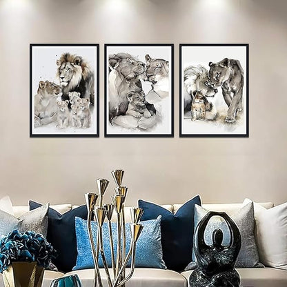 3 Pieces Wildlife Animals Framed Canvas Wall Art Vintage Lion Family Picture Wall Decor for Country House Modern Lions Animal Print Artwork for Living Room Decoration Easy to Hand 16x24inchx3pcs