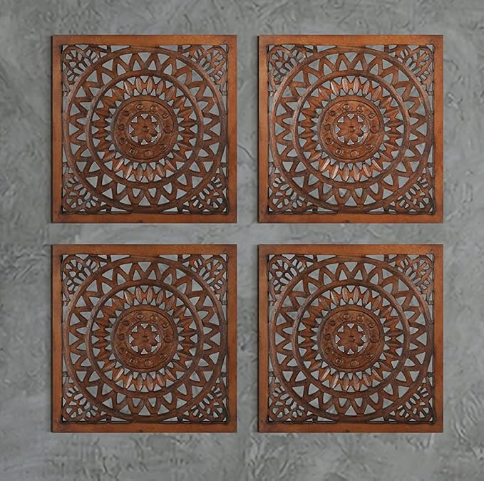 Wooden Designer Wall Hanging Plaques/Wall Plaque Wall Décor Plaques Set of 4-16x16 Inch - Burnt, Elegant Sculpture Wall Décor Panel to Enhance the Décor of Your Room or Office