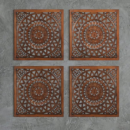 Wooden Designer Wall Hanging Plaques/Wall Plaque Wall Décor Plaques Set of 4-16x16 Inch - Burnt, Elegant Sculpture Wall Décor Panel to Enhance the Décor of Your Room or Office