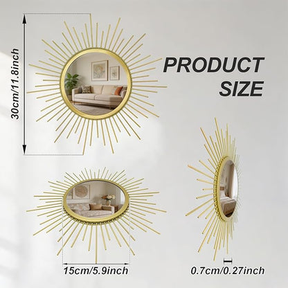3 Set Sunburst Mirrors for Wall Decor Living Room Bedroom Bathroom Dining Room Metal Boho Sunburst Wall Mirror Set Gold Metal Vintage Circle Art Pack - Gold 11.8 in