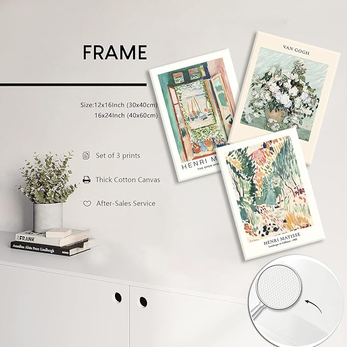 LYPHNX Framed Sage Green Matisse Canvas Wall Art Vintage Abstract Floral Prints Poster Set of 3 Mid Century Aesthetic Flower Artwork Painting Picture Decor for Living Room Bedroom Bathroom 12"x16"