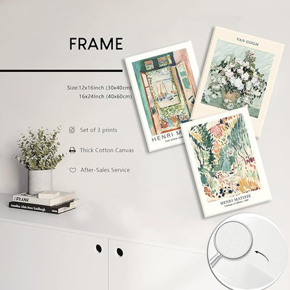 LYPHNX Framed Sage Green Matisse Canvas Wall Art Vintage Abstract Floral Prints Poster Set of 3 Mid Century Aesthetic Flower Artwork Painting Picture Decor for Living Room Bedroom Bathroom 12"x16"