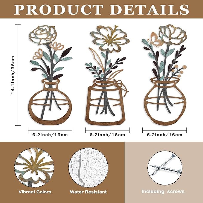 ARTINME 3 Pieces Metal Flowers Wall Arts - Rustic Farmhouse Decor Minimalist Flower Wall Decors for Living Room Bathroom Kitchen Bedroom Dining Room - Housewarming Gifts (Brown)